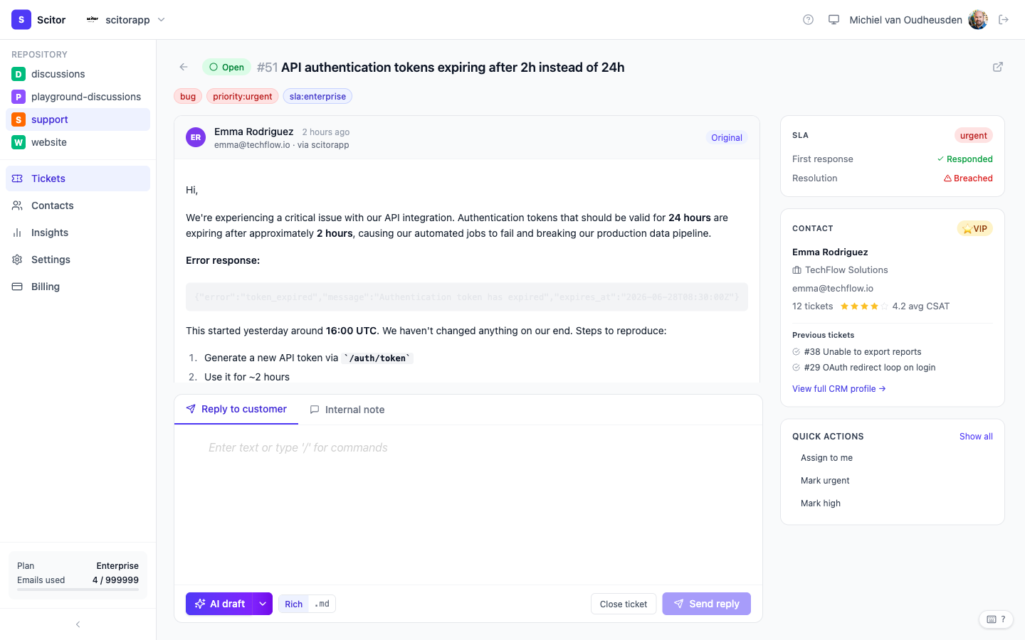 Scitor ticket detail showing a customer conversation timeline with AI-drafted reply and right-sidebar CRM panel